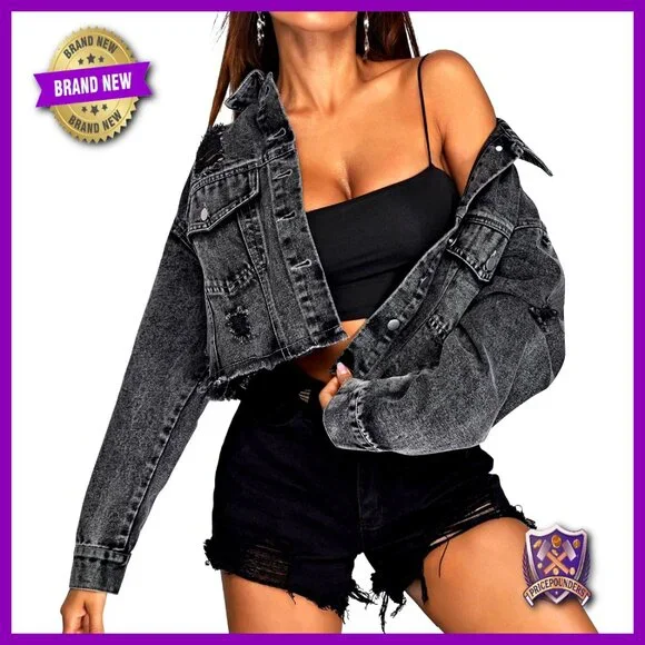 Cropped Denim Jacket Distressed Ripped Frayed Button Down Y2K Retro Chic - Picture 1 of 7